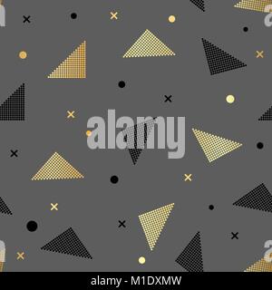 Zusammenfassung nahtlose, sich wiederholendes Muster mit Dreiecken in gold Glitter und Schwarz auf schwarzem Hintergrund. Stock Vektor