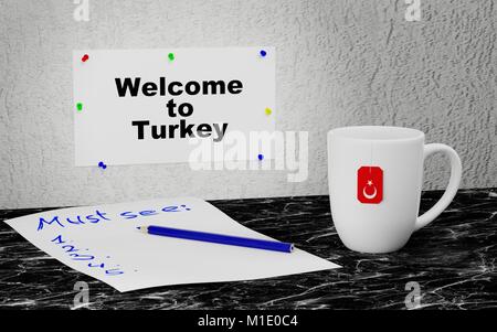 Große Tasse und Label an der Wand mit Text Willkommen in der Türkei. 3D-Rendering. Stockfoto