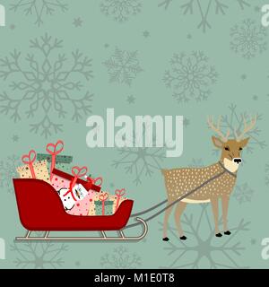 Luxus nahtlose Muster mit gold Schneeflocken und Santa sleigh mit Stapel des präsentiert, Hirsche, ziehen. Vector Illustration Stock Vektor