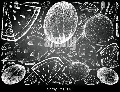 Frisches Obst, Illustration Hand gezeichnete Skizze der Frische Drachenfrucht oder Pitaya, Grapefruits und Wassermelonen isoliert auf weißem Hintergrund. Stock Vektor