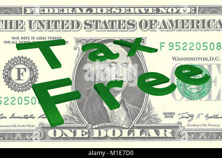 3D-Illustration des Tax Free Titel auf einen Dollar Bill als Hintergrund Stockfoto