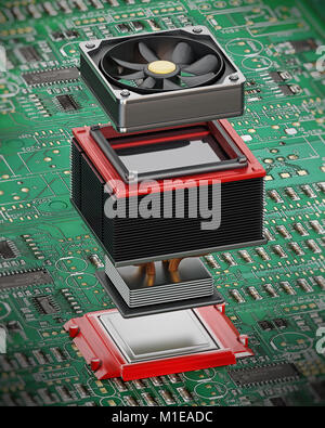 Darstellung der Einzelteile detail von Lüfter und Kühlkörper auf CPU. 3D-Darstellung. Stockfoto