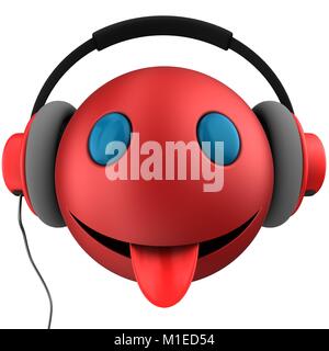 3D-Darstellung der roten Emoticon smile mit roten Kopfhörer auf weißem Hintergrund Stockfoto