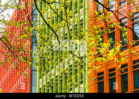 Bunte Bürogebäude in einer Londoner Straße, durch einen Bildschirm, der Feder Bäume gesehen. St Giles Street, urbane Architektur Stockfoto