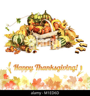 Grußkarte "Happy Thanksgiving!" mit Kürbissen, Blätter und Herbst Erntegut isoliert auf Weiss. Dieses Bild ist getönt Stockfoto
