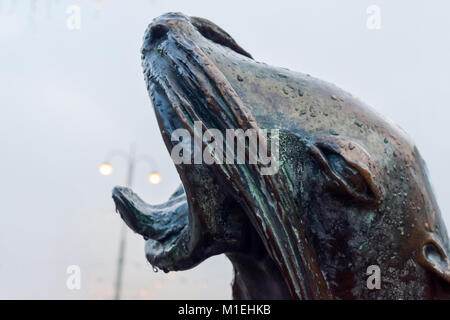 Leiter Sea Lion ist der Teil der Statue Havis Amanda in Helsinki. Es ist sichtbar, Straßenlaternen im Hintergrund und seine sieht aus wie Sea Lion versucht, Ca Stockfoto