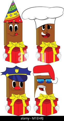 Bücher halten Große Geschenkbox. Comic Book Collection mit Kostüm Gesichter. Ausdrücke Vektor einrichten. Stock Vektor