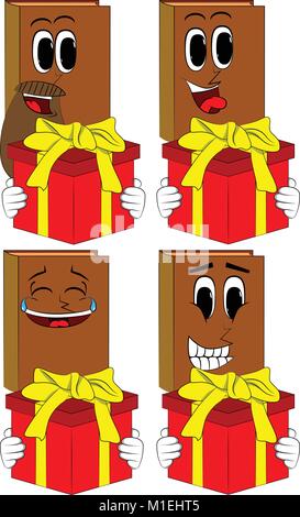 Bücher halten Große Geschenkbox. Comic Book Collection mit glücklichen Gesichtern. Ausdrücke Vektor einrichten. Stock Vektor