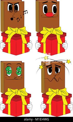 Bücher halten Große Geschenkbox. Cartoon Sammlung mit verschiedenen Gesichtern. Ausdrücke Vektor einrichten. Stock Vektor