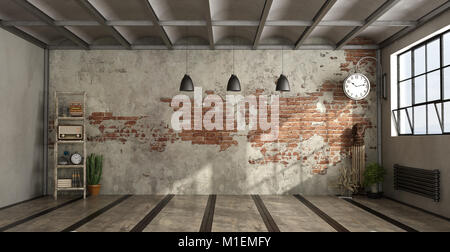 Leeren Wohnzimmer im industriellen Stil withdecor Objekte und Mauer - 3D-Rendering Stockfoto