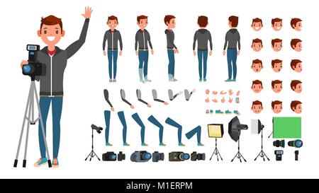 Fotograf Mann Vektor. Aufnehmen von Bildern. Animierte-Zeichensatz. Volle Länge. Zubehör, Posen, Gesicht Emotionen, Gesten. Isolierte flache Cartoon Illustration Stock Vektor