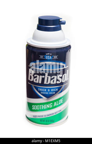 Kann der Barbasol beruhigende Aloe Rasierschaum auf einem weißen studio Hintergrund isoliert. Stockfoto