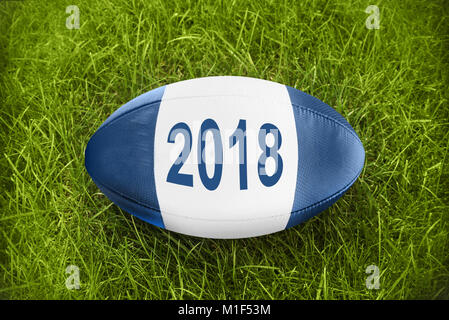2018 auf einem Rugby Ball im Gras geschrieben Stockfoto