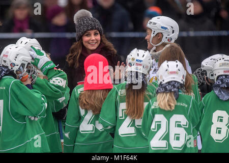 Der Herzog und die Herzogin von Cambridge Treffen einer Gruppe von lokalen bandy Hockey Spieler an Vasaparken in Stockholm am ersten Tag Ihres Besuches in Schweden. Stockfoto