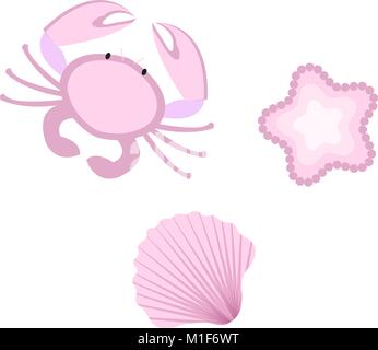 Süße Krabbe und Muschel Symbol, flach, Cartoon Stil. Auf weissem Hintergrund. Vector Illustration. Stock Vektor