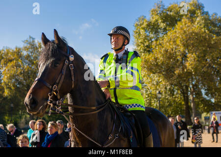 Ein Polizist auf dem Pferderücken wacht über eine kleine Schar von Menschen, wie sie die Wachablösung an der Horse Guards Parade, London ansehen. Stockfoto