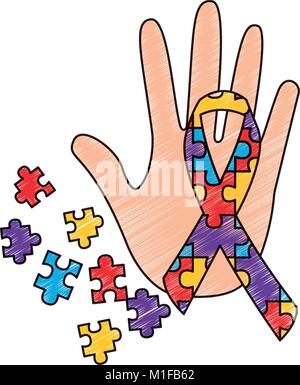 Hand Puzzleteile und Farbband Autismus Konzept Stock Vektor