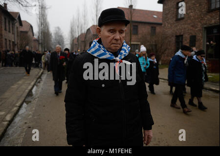 Oswiecim, Polen. 27 Jan, 2018. Überlebende des Holocaust an den 73. Jahrestag der Befreiung des KZ Auschwitz-Birkenau in Oswiecim. Januar 2018 wird der 73. Jahrestag der Befreiung der Konzentrationslager, überlebenden und der Opfer, die während des Zweiten Weltkrieges erlitten die Camps kommen zu gedenken und den Tod zu betrauern. Credit: Omar Marques/SOPA/ZUMA Draht/Alamy leben Nachrichten Stockfoto