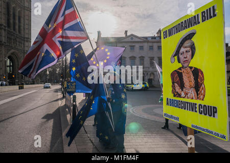 London, Großbritannien. 30. Januar, 2018. Theresa May protrayed wie Henry VIII - Anhänger der übrigen in der EU (im Rahmen der SODEM - Zeit für Aktion banner) ihren Protest außerhalb der Häuser des Parlaments als Herren der Brexit Bill und der Premierminister reamins unter Druck von ihr zurück benchers. Credit: Guy Bell/Alamy leben Nachrichten Stockfoto