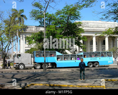 15.02.2006, Havanna, Kuba, Havanna Bus, namens "El Camello", das Kamel als preiswerter Verkehr eingeführt. Die Republik Kuba ist in der nördlichen Karibik und im Süden der Vereinigten Staaten. Die erste Europäische zu Besuch in Kuba war Entdecker Christoph Kolumbus im Jahr 1492. Jahrhunderte der Kolonialherrschaft und Revolutionen folgten. Batista wurde von Fidel Castro und Che Guevara 1953 abgesetzt. Nach der Revolution im Handel mit comminist Russland wuchs. Die Wirtschaft wurde in den 1990er Jahren schlug nach dem Zusammenbruch der Sowjetunion. Kuba handelt Z.z. mit fast jeder Nation der Welt, wenn auch mit r Stockfoto