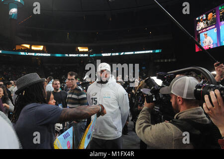 St. Paul, Minnesota, USA. 29 Jan, 2018. - Die New England Patriots und die Philadelphia Eagles und ihre Trainer sprach mit über 3.000 Medien Personal aus der ganzen Welt in der Xcel Arena. Credit: Csm/Alamy leben Nachrichten Stockfoto