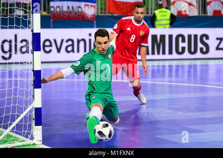 Ljubljana, Slowenien. 30 Jan, 2018. Michal Kaluza Polens macht eine Speichern während der UEFA Futsal Meisterschaft 2018 Match zwischen Russland und Polen im Arena Stožice in Ljubljana, Slowenien am 30. Januar 2018. Foto: Jure Makovec Credit: Jure Makovec/Alamy leben Nachrichten Stockfoto