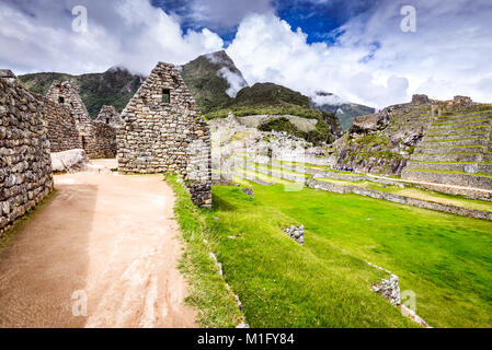 Machu Picchu, Cusco, Peru - die Ruinen von Inca Empire City und Machupicchu Berg, das Heilige Tal. Erstaunliche Welt Wunder in Südamerika. Stockfoto