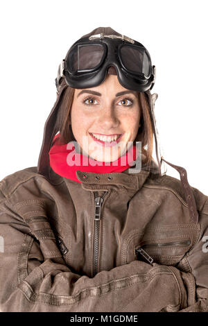 Funny Girl mit Sommersprossen tragen Helm, Schutzbrille und ein roter Schal Stockfoto