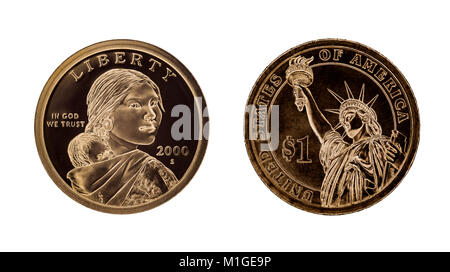 Usa 1 Dollar Münze - sacagawea und die Freiheitsstatue. Auf weissem Hintergrund Stockfoto