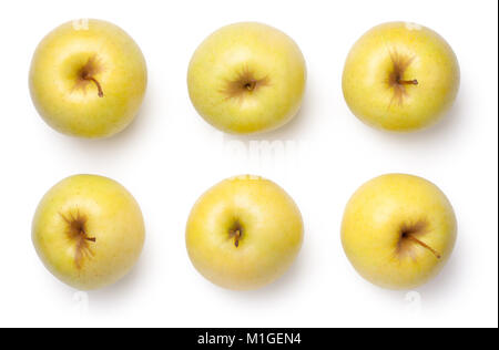 Golden Delicious äpfel auf weißem Hintergrund. Ansicht von oben Stockfoto