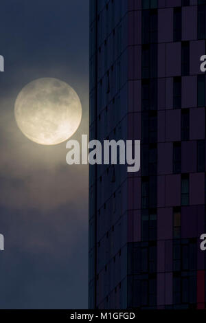 Der Mond steigt hinter dem Saffron Square Gebäude in Croydon vor einem "ungewöhnlichen" Himmelsereignis am Mittwochabend auf, wenn zum ersten Mal seit Juli 2015 ein Blauer Mond am Himmel aufgeht. Stockfoto