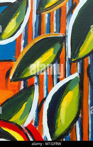 Multitouch-bildschirm mit brillanten farbigen Original oil painting Nahaufnahme Detail Übersicht brushwork und Leinwand Texturen - Blätter Stockfoto