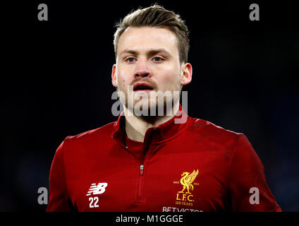 Liverpool Torwart Simon Mignolet vor der Premier League Match am John Smith's Stadion, Huddersfield. PRESS ASSOCIATION Foto. Bild Datum: Dienstag, Januar 30, 2018. Siehe PA-Geschichte Fußball Huddersfield. Foto: Martin Rickett/PA-Kabel. Einschränkungen: EDITORIAL NUR VERWENDEN Keine Verwendung mit nicht autorisierten Audio-, Video-, Daten-, Spielpläne, Verein/liga Logos oder "live" Dienstleistungen. On-line-in-Verwendung auf 75 Bilder beschränkt, kein Video-Emulation. Keine Verwendung in Wetten, Spiele oder einzelne Verein/Liga/player Publikationen. Stockfoto