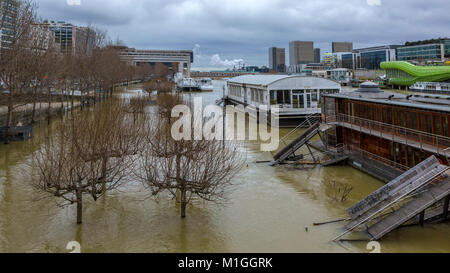 PARIS, Frankreich, 29. Januar 2018: Die schwimmende Restaurants sind ernsthaft auf der Seine beschädigt, dass im Januar 2018 deutlich gestiegen. Stockfoto