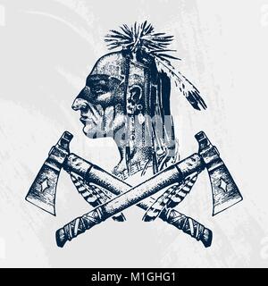 Nationale Amerikanische und indianische Traditionen. Messer und Axt, Werkzeugen und Instrumenten. graviert Hand in alte Skizze gezeichnet. Ein Mann mit Federn auf dem Kopf. Emblem oder Logo. Stock Vektor