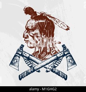 Nationale Amerikanische und indianische Traditionen. Messer und Axt, Werkzeugen und Instrumenten. graviert Hand in alte Skizze gezeichnet. Ein Mann mit Federn auf dem Kopf. Emblem oder Logo. Stock Vektor