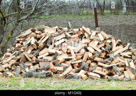 Ein Stapel von Platten Brennholz. Geerntete Holz für den Ofen Stockfoto