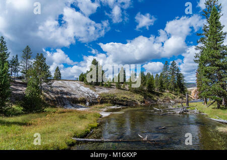 Die firehole River fließt durch die Upper Geyser Basin von Yellowstone. Yellowstone National Park, Wyoming, USA Stockfoto