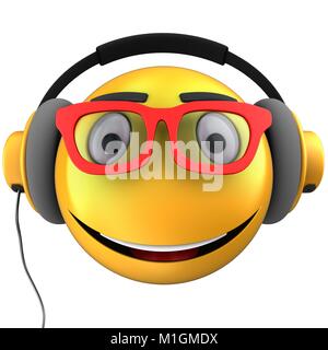 3D-Darstellung der gelbe Smiley smile mit gelben Kopfhörern auf weißem Hintergrund Stockfoto