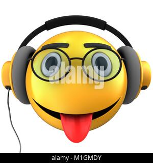 3D-Darstellung der gelbe Smiley smile mit gelben Kopfhörern auf weißem Hintergrund Stockfoto
