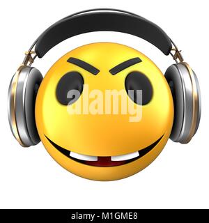 3D-Darstellung der gelbe Smiley smile mit Kopfhörern auf weißem Hintergrund Stockfoto