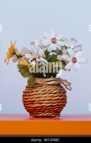 Holz Blumentöpfe und weißen Gold Rosen. Schönen weißen Ranunkeln Holz- Anlage. Stockfoto