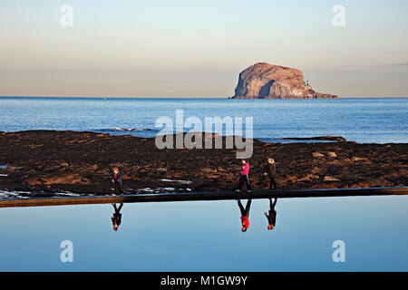 North Berwick Beach an der ein Winter Nachmittag mit Bass Rock im Hintergrund, East Lothian, Schottland, Großbritannien Stockfoto