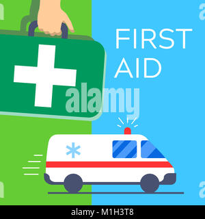 Erste Hilfe Tasche getragen in der Hand, Green Cross und Krankenwagen. Emergency Medical Service Symbol Abbildung Stockfoto