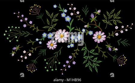 Stickerei trend floralen Muster kleine Zweige kraut Daisy mit kleine blaue violette Blume. Reich verzierte volkstümlichen Mode patch Design ausschnitt Blüten auf schwarzem Hintergrund Vector Illustration Stock Vektor