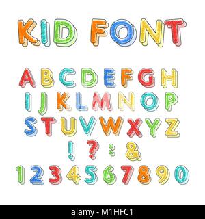 Bunte doodle Alphabet. Kinder handschriftlichen Kritzeleien font oder kindlich Bleistift scratch Buchstaben und Zahlen Vector Illustration Stock Vektor