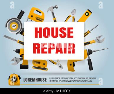 House Reparatur Poster. Home Reparatur Service Label mit dem Bau Werkzeuge wie Hammer und Walze, Schraubenzieher und elektrische Stichsäge Stock Vektor