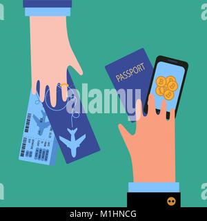 Mann hand mit Reisepass und bitcoin cryptocurrency und Frau mit Tickets. Bussiness Kerl ist eine Zahlung und Kauf von Flugtickets über Smartphone Stock Vektor