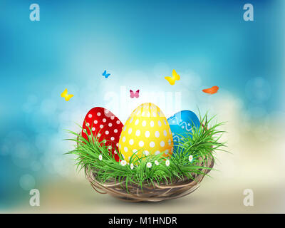 Frohe Ostern. Congratulatory Ostern Hintergrund mit bunten Eier in einen Korb. Hintergrund mit kopieren. Stockfoto