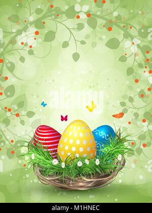 Frohe Ostern. Congratulatory Ostern Hintergrund mit bunten Eier in einen Korb. Hintergrund mit kopieren. Stockfoto